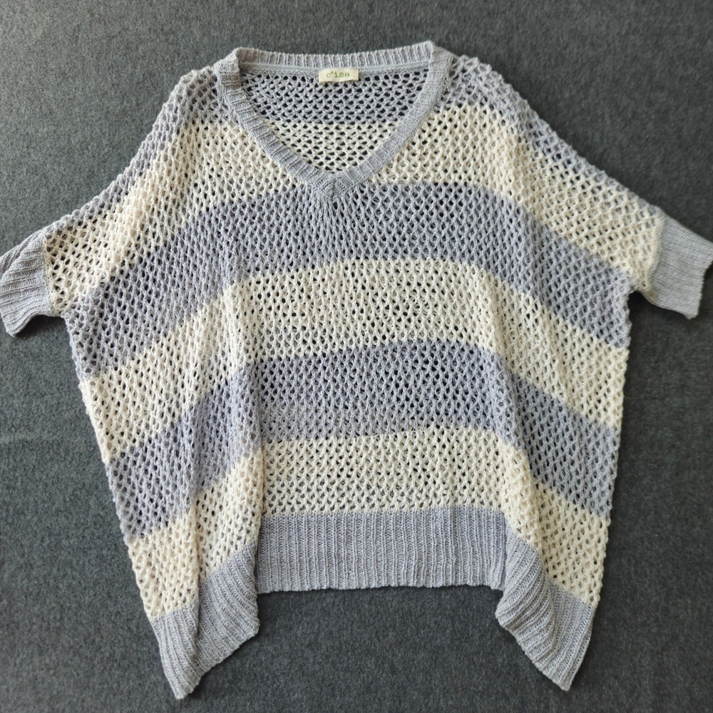 C'isa Open Knit Lightweight Sweater Large Grey White Striped V-Neck Oversized